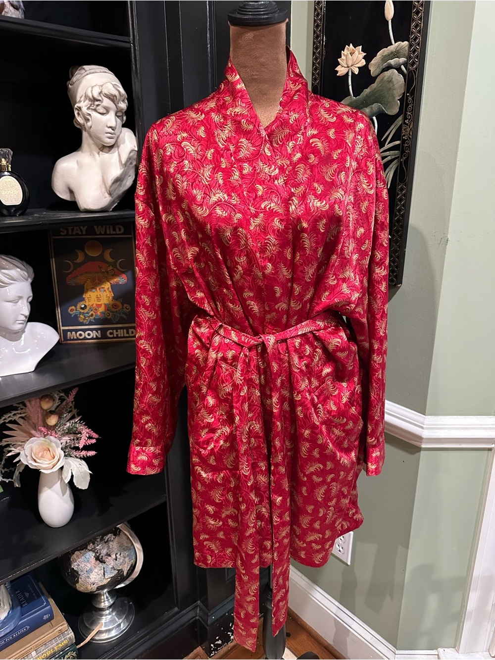Victoria's Secret Red Satin Kimono Robe Gold Floral Print OS